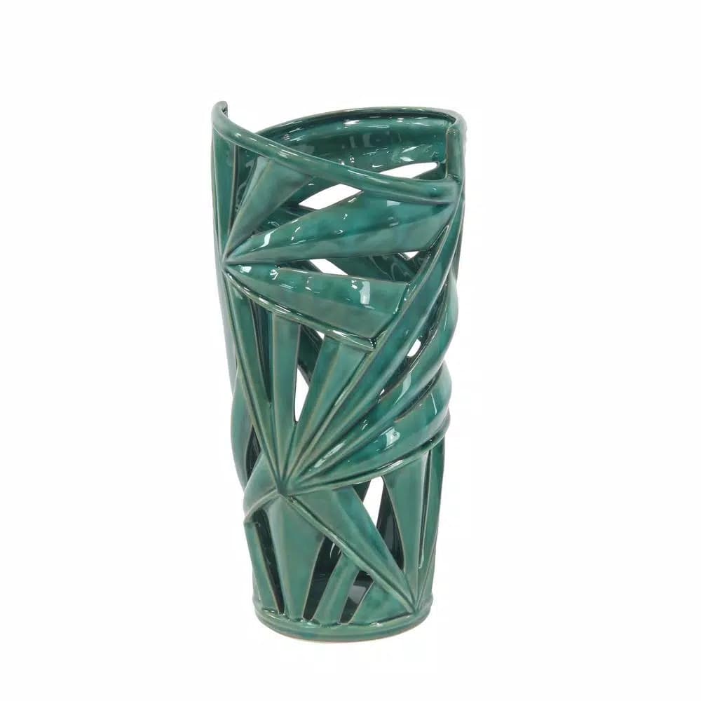 CosmoLiving by Cosmopolitan 16 in. Emerald Green Ceramic Palm Leaf Decorative Vase - Modern Coastal Stoneware