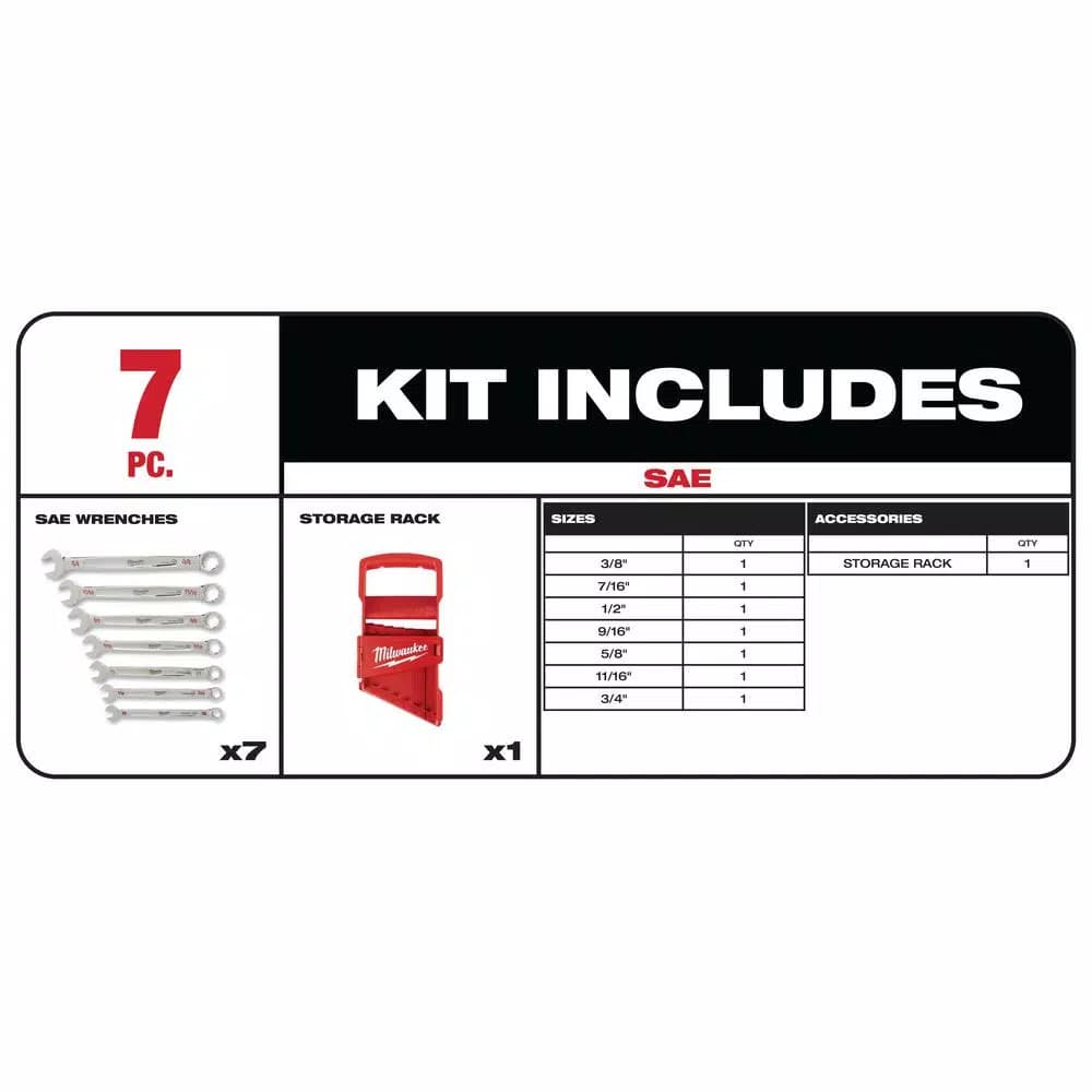 Milwaukee 7-Piece SAE Combination Wrench Set with Max Bite Open-End Grip