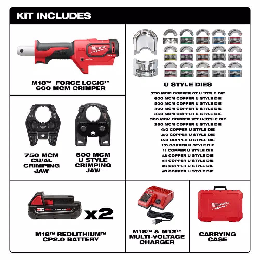 Milwaukee M18 FORCE LOGIC 600 MCM Cordless Crimper Kit with 750 MCM Expanded Jaw