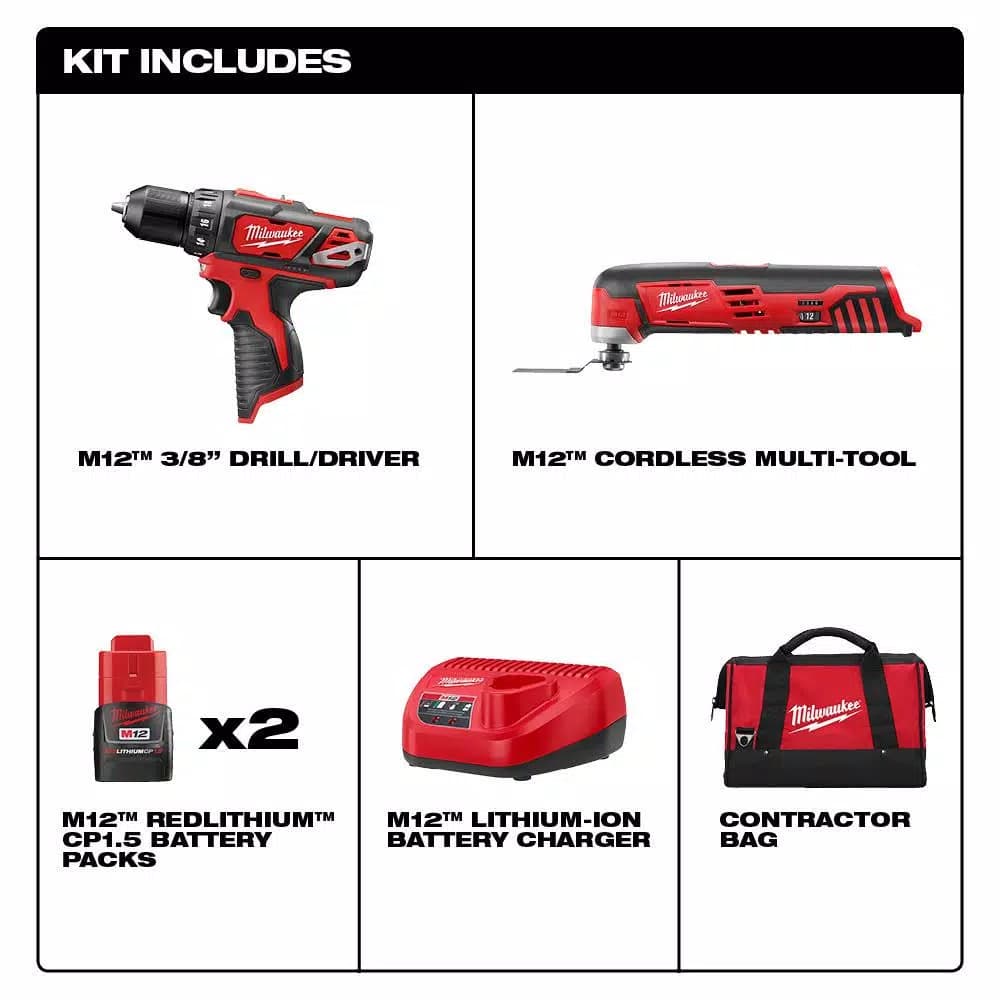 Milwaukee M12 12V Lithium-Ion Cordless Drill Driver and Multi-Tool 2-Tool Combo Kit with (2) 1.5 Ah Batteries and Bag