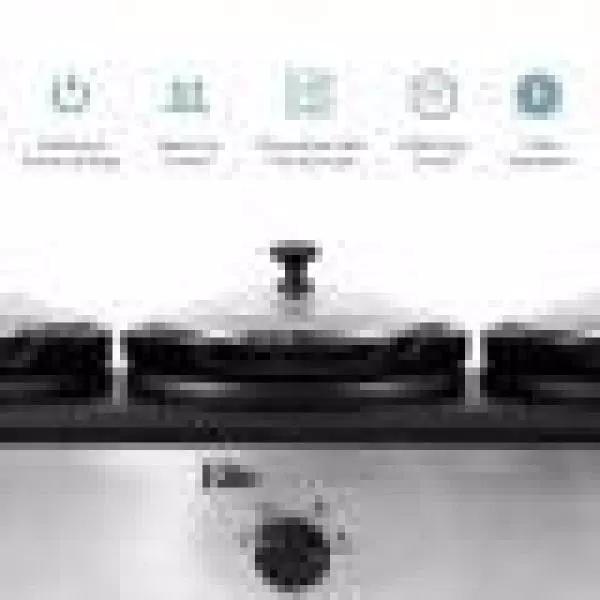 Elite Platinum 7.5 Qt. Triple Slow Cooker Buffet with 3 Stoneware Crocks and Lid Rests, Black Stainless Steel