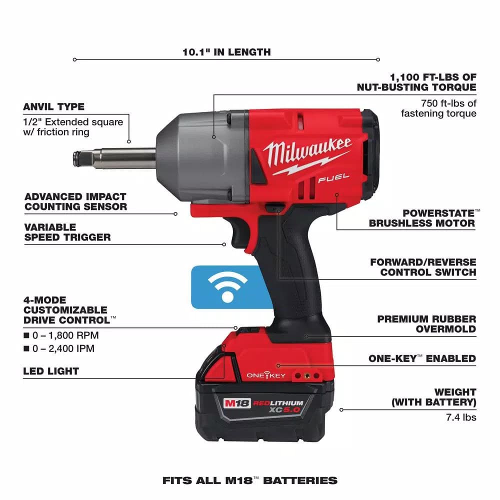 Milwaukee M18 FUEL 1/2 in. Impact Wrench with ONE-KEY, Extended Anvil Kit with 2 Batteries