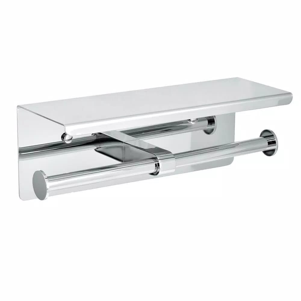 Alpine Industries Double Post Toilet Paper Holder with Storage Shelf, Chrome Finish