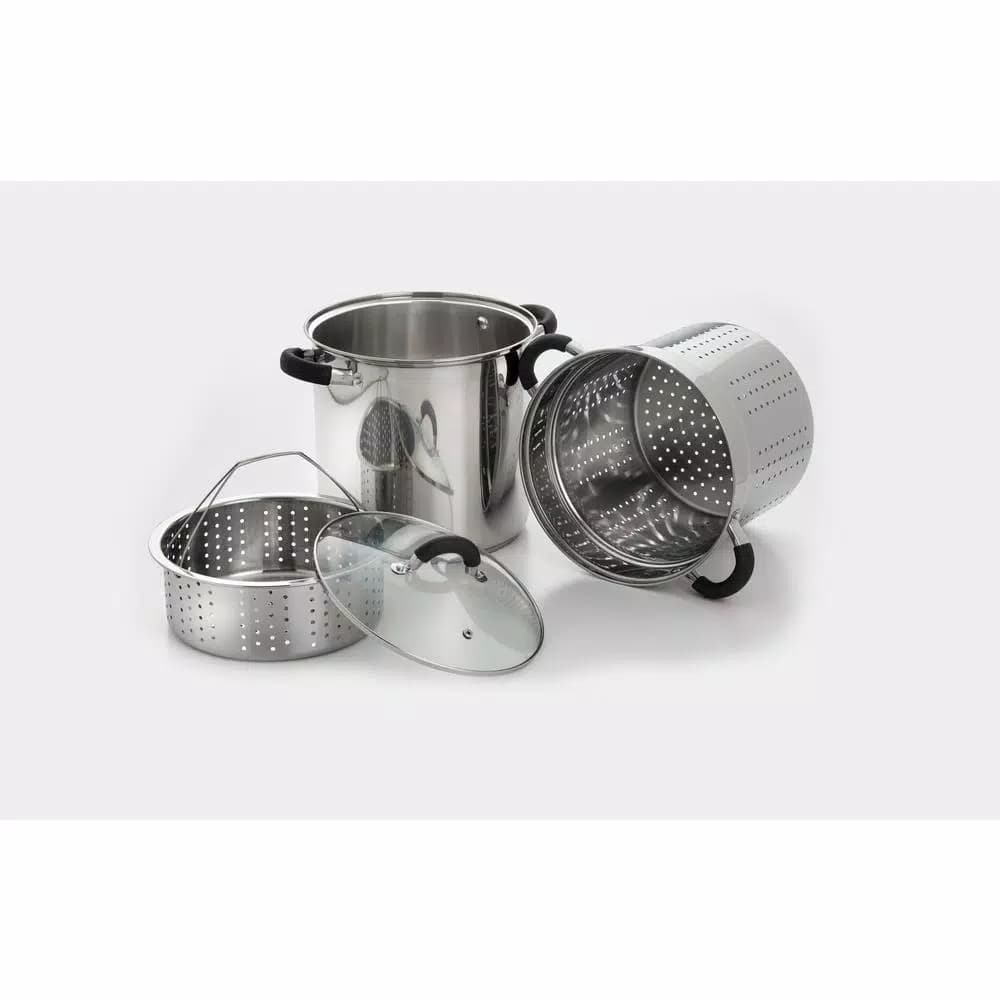ExcelSteel 8 Qt. Stainless Steel Multi-Cooker Stock Pot Set with Steamer Insert and Silicone Handles