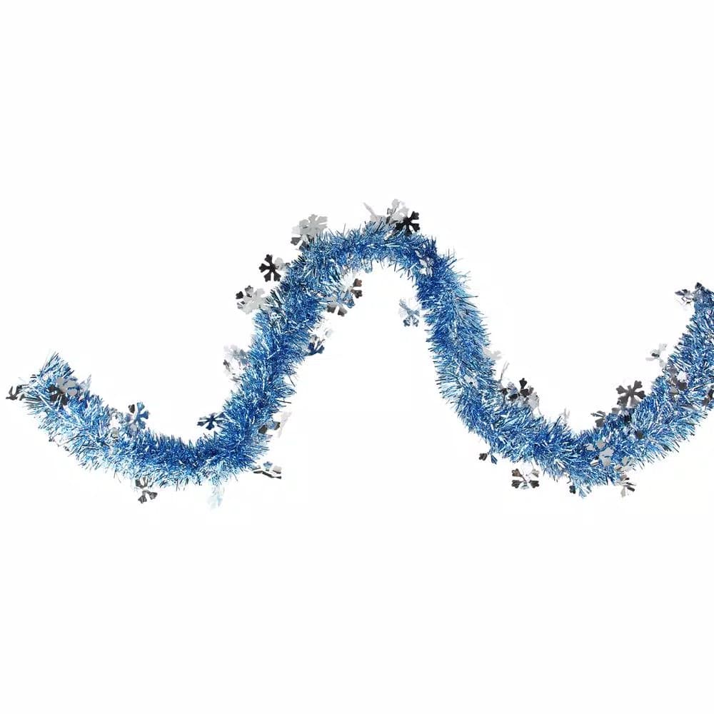 Northlight 12 ft. Blue Tinsel Christmas Garland with Silver Snowflakes, 8-Ply Plush Holiday Decor