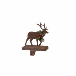 Glitzhome 6.50 in. Reindeer Stocking Holder with Green Garlands and Red Berries, Wooden and Metal thumbnail 2