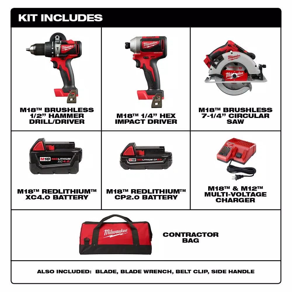 Milwaukee M18 18V Brushless 3-Tool Combo Kit with 2 Batteries and Charger