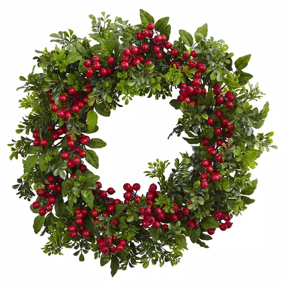 Nearly Natural 24 in. Berry Boxwood Wreath - Red and Green Holiday Faux Wreath