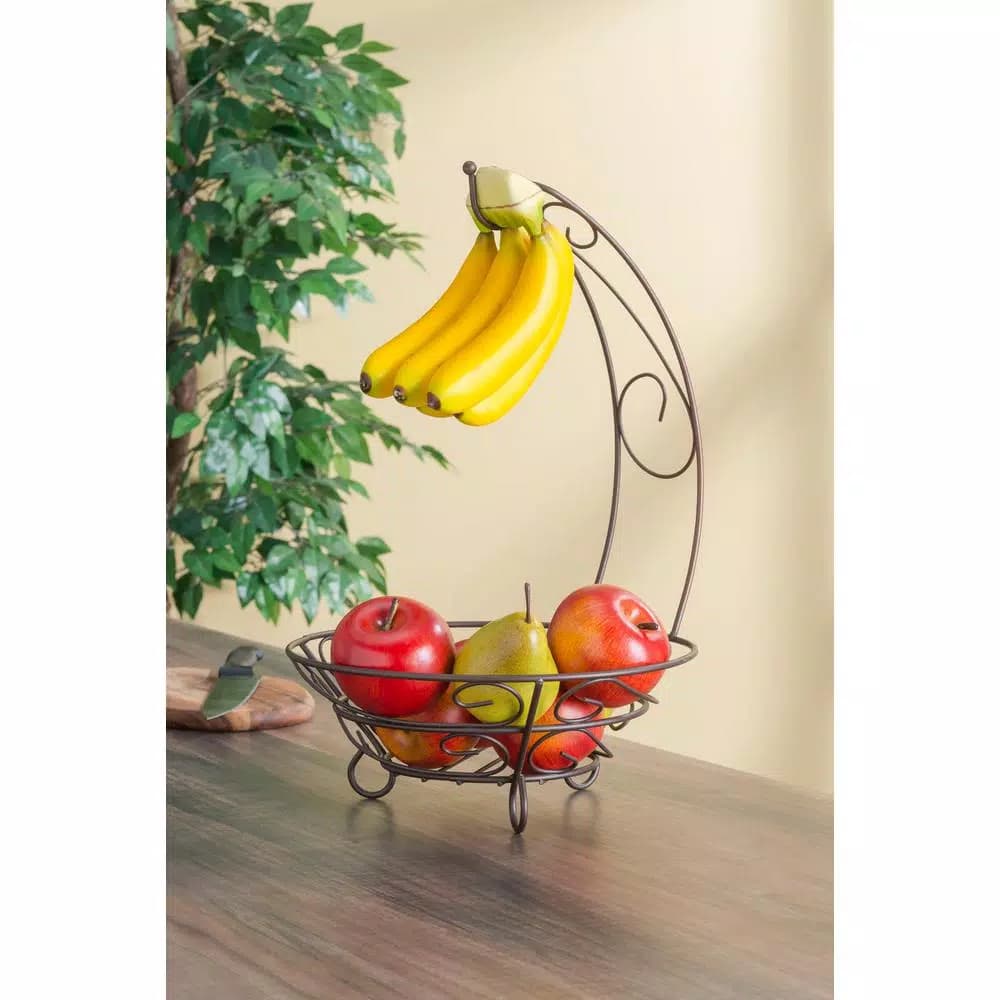 Home Basics Bronze Fruit Basket with Banana Tree Stand, Elegant Scroll Design Steel Fruit Bowl