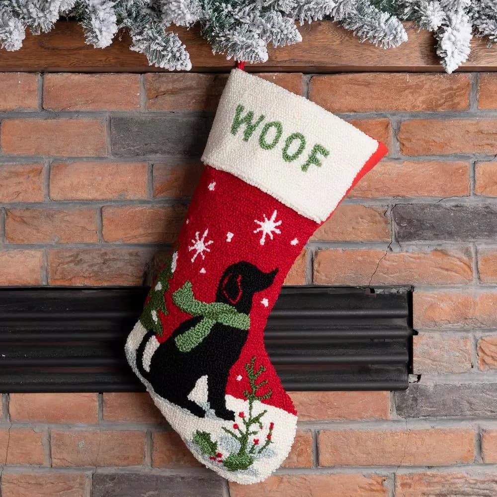Glitzhome 20 in. Hooked Dog Design Christmas Stocking, Handmade Acrylic Yarn Holiday Decor