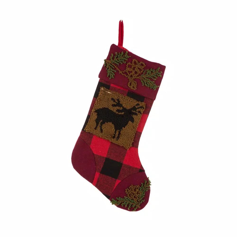 Glitzhome 19 in. Acrylic Plaid Christmas Stockings with Rug Hooked Reindeer and Bear (Set of 2)