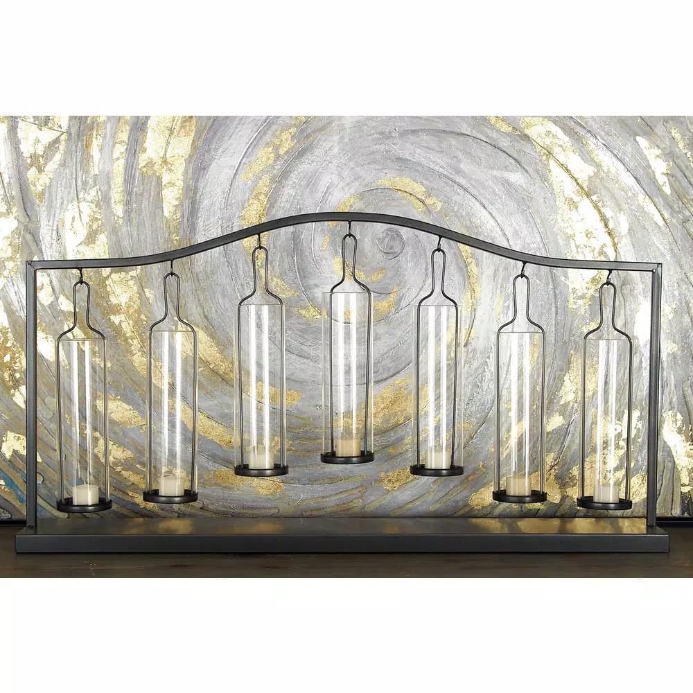 LITTON LANE 19 in. Metallic Black Iron and Clear Glass 7-Light Votive Candle Holder