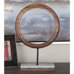 LITTON LANE 17 in. Modern Ring Centerpiece Sculpture - Stained Brown Mango Wood & Marble thumbnail 1