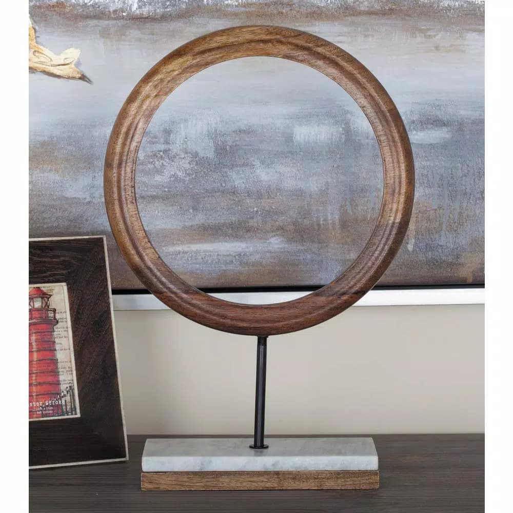 LITTON LANE 17 in. Modern Ring Centerpiece Sculpture - Stained Brown Mango Wood & Marble