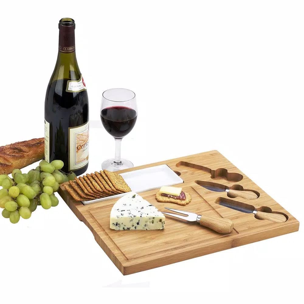 Unbranded Picnic at Ascot Celtic Bamboo Cheese Board Set with Ceramic Dish and 3 Stainless Steel Tools