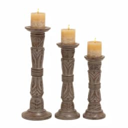 LITTON LANE Rustic Brown Carved Mango Wood Candle Holder Set of 3 with Tribal Engraved Patterns thumbnail 2
