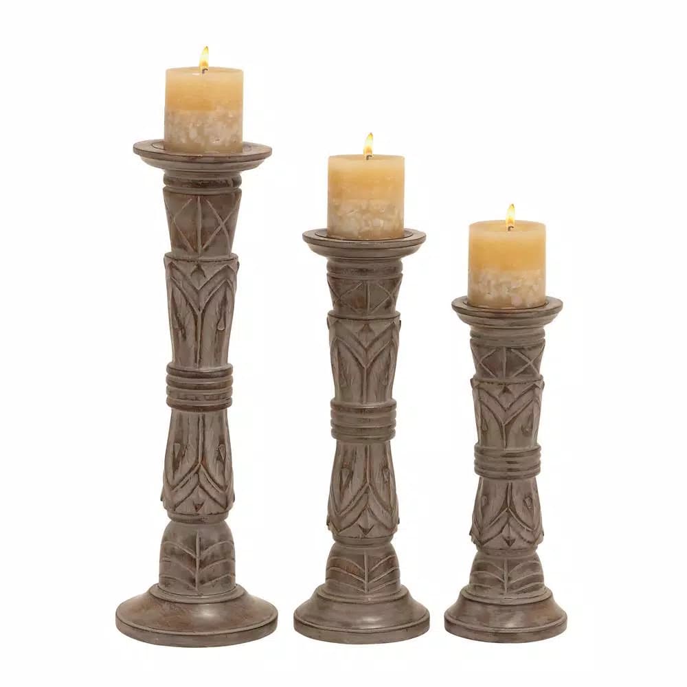 LITTON LANE Rustic Brown Carved Mango Wood Candle Holder Set of 3 with Tribal Engraved Patterns