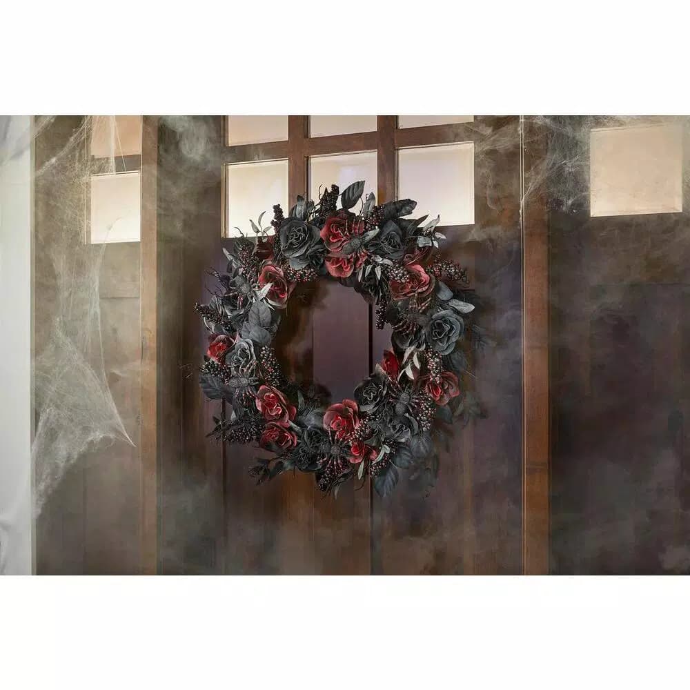 Home Accents Holiday 30 in. Black and Burgundy Artificial Rose Halloween Wreath