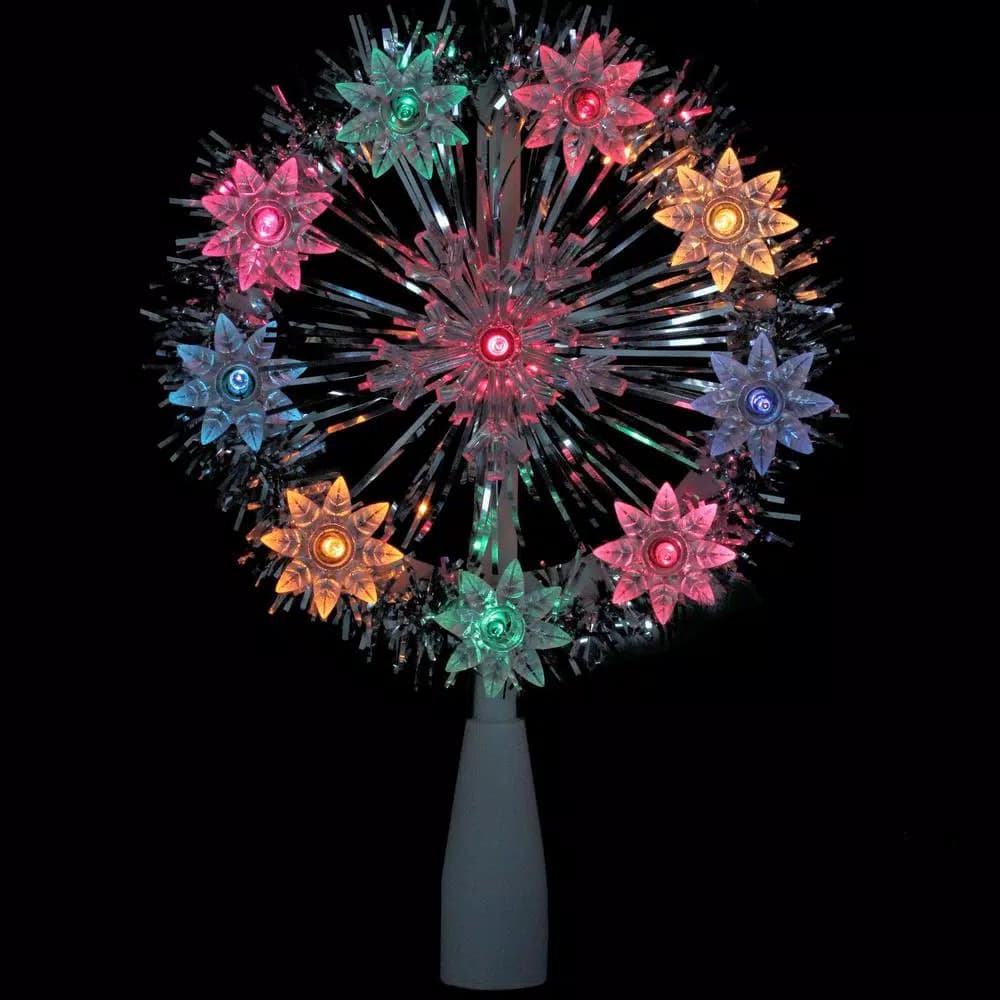 Northlight 7 in. Silver Tinsel Snowflake Starburst Christmas Tree Topper with Multi-Color Lights