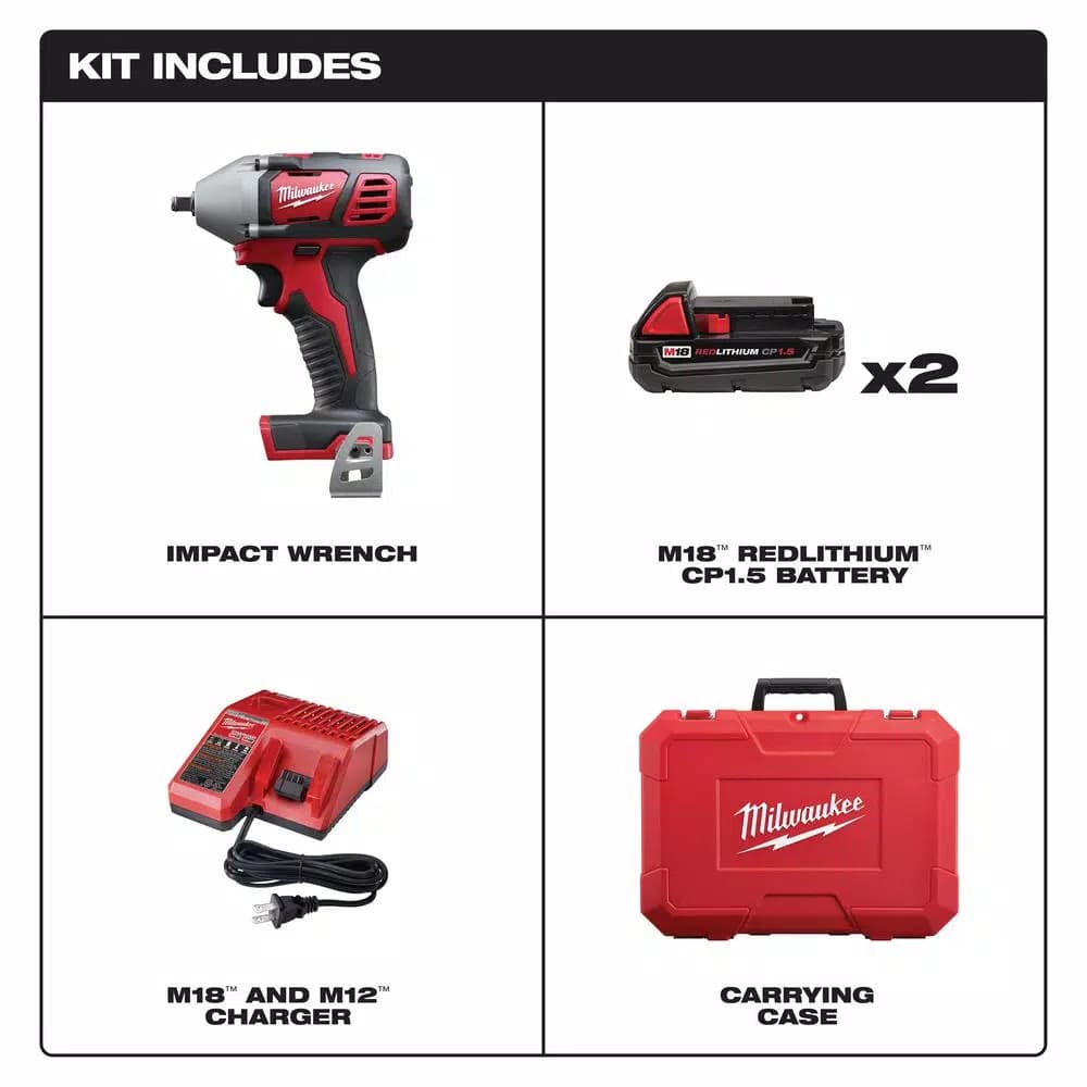 Milwaukee M18 3/8 in. Compact Cordless Impact Wrench Kit with (2) 1.5 Ah Batteries, Charger, and Hard Case