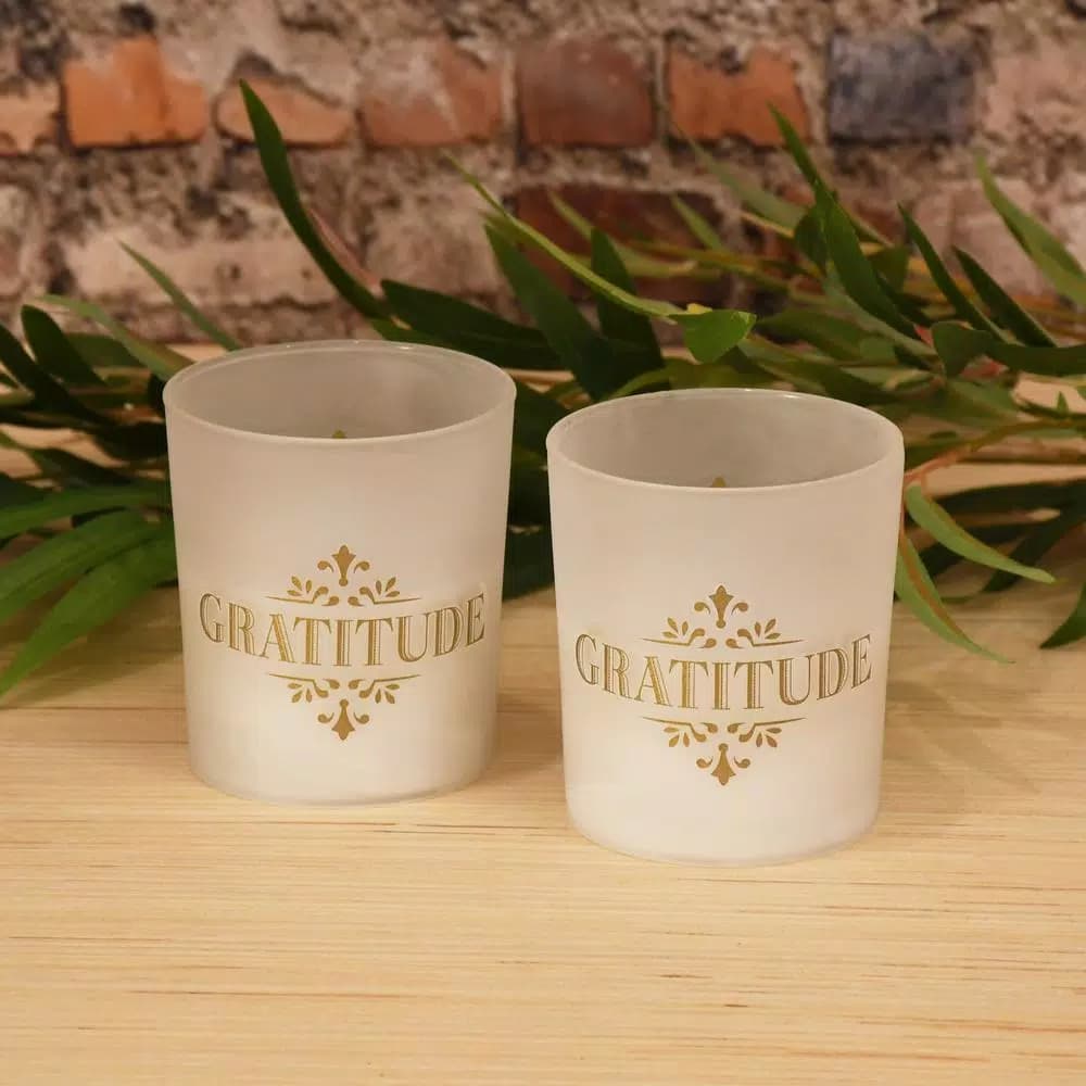 LUMABASE Gold Gratitude LED Battery Operated Candles with Frosted Glass - Set of 2