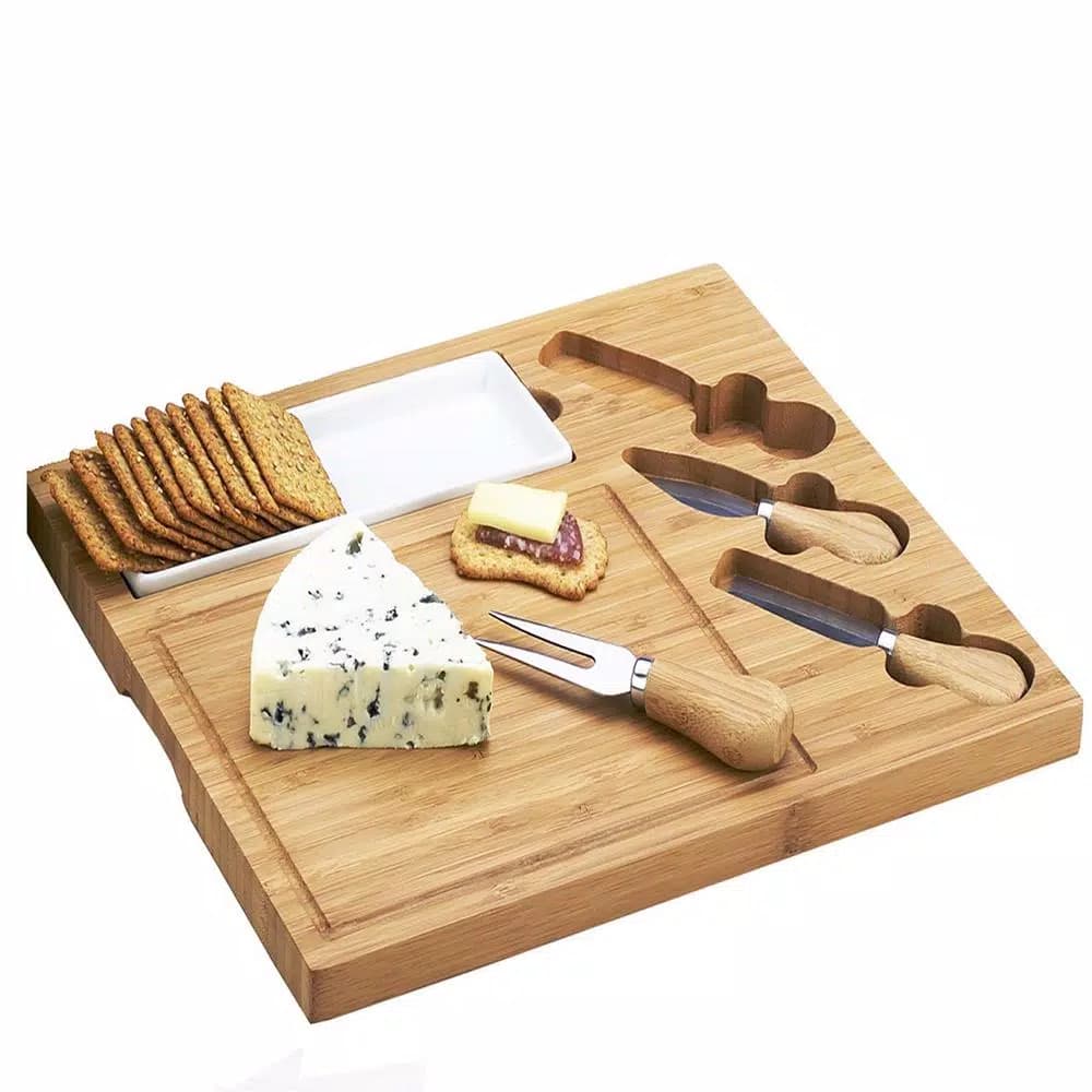 Unbranded Picnic at Ascot Celtic Bamboo Cheese Board Set with Ceramic Dish and 3 Stainless Steel Tools