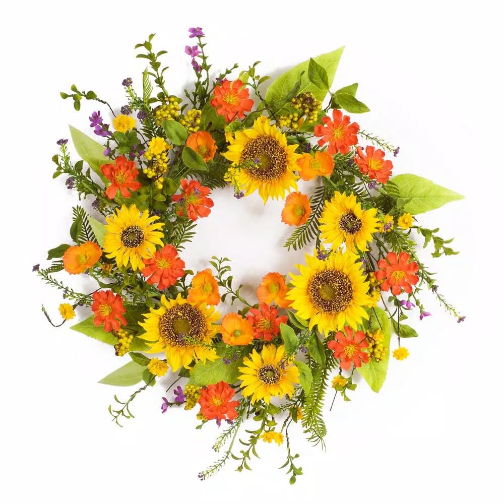 Unbranded 22 in. Sunflower Wreath with Purple Wildflowers and Green Ivy