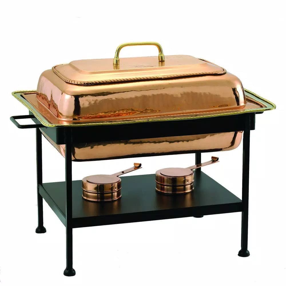 Old Dutch 8 Qt. Rectangular Copper over Stainless Steel Chafing Dish with Black Iron Stand