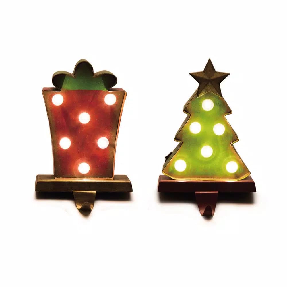 Glitzhome Marquee LED Tree and Gift Box Stocking Holder Set of 2