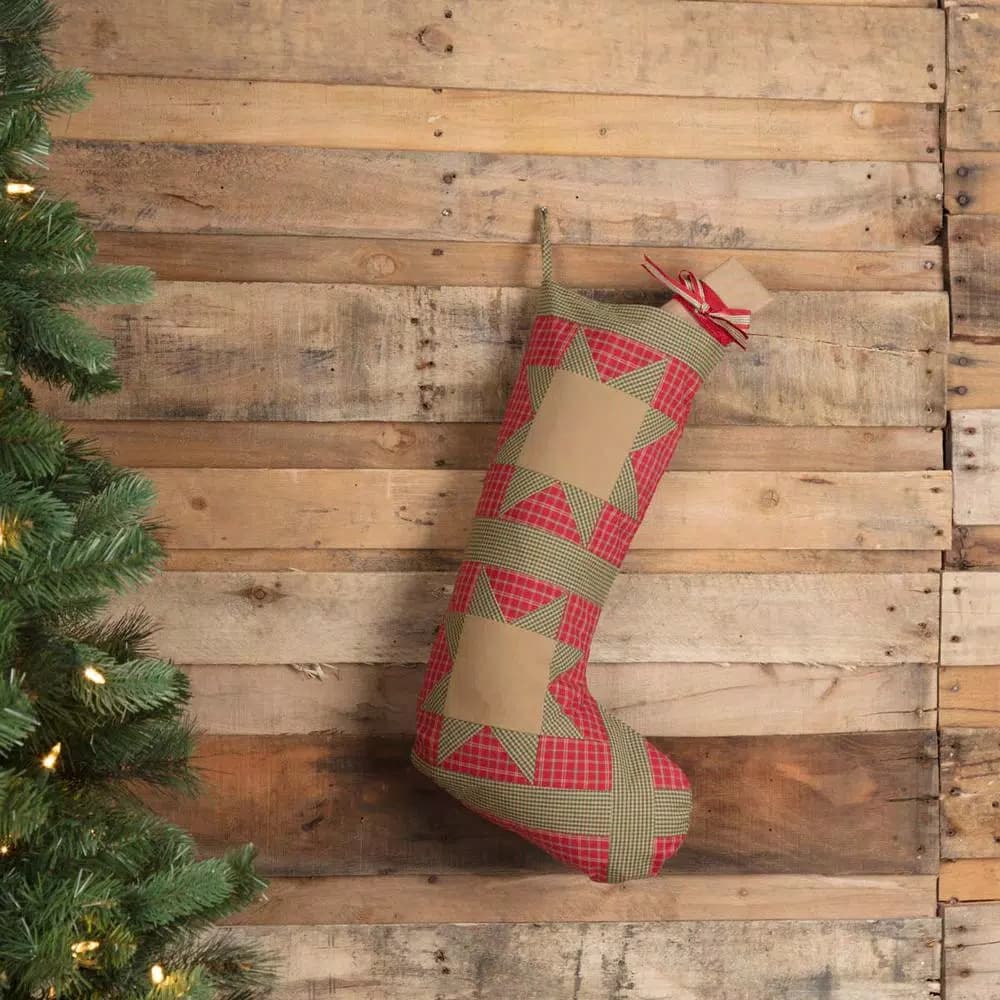 VHC Brands 20 in. Red Dolly Star Primitive Christmas Patchwork Cotton Stocking