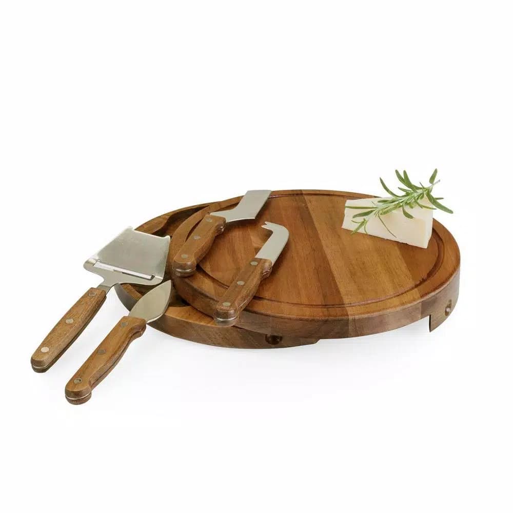 TOSCANA Acacia Circo Round Cheese Board and 4-Piece Stainless Steel Tool Set