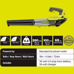 RYOBI ONE+ 18V Cordless Leaf Blower Kit with 4.0 Ah Battery and Charger, 100 MPH, 280 CFM, Refurbished thumbnail 8