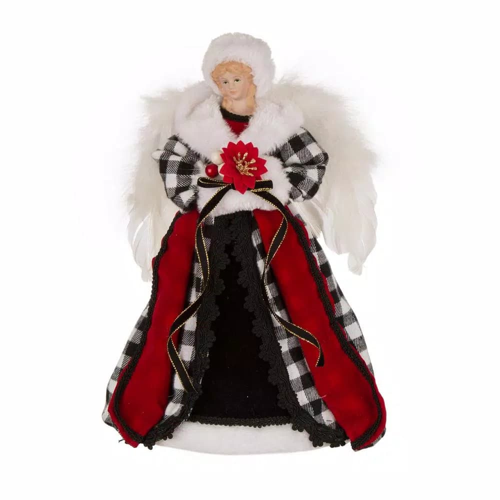 Glitzhome 12 in. Black and White Plaid Angel Tree Topper - 3D Figurine