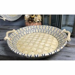 Unbranded Criss Cross Black and Unfinished Round Rattan Serving Tray with Poplar Handles thumbnail 1