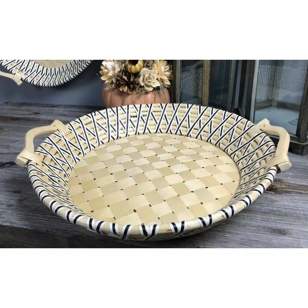 Unbranded Criss Cross Black and Unfinished Round Rattan Serving Tray with Poplar Handles