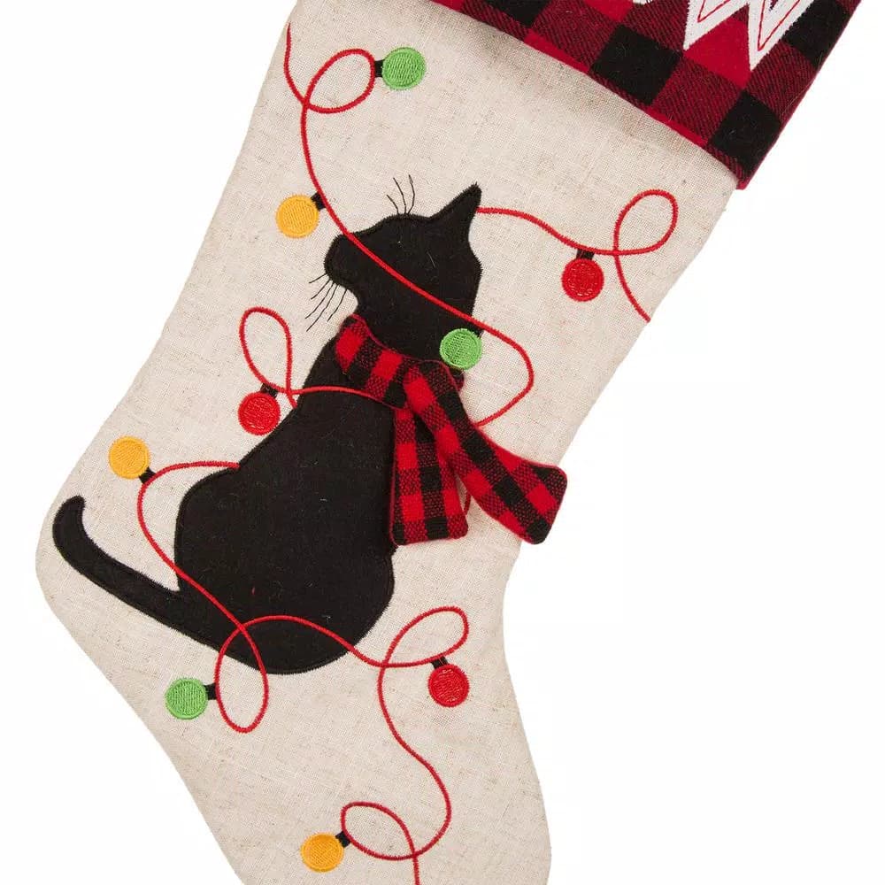 Glitzhome 21 in. LED Embroidered Linen Christmas Stocking - Cat Design
