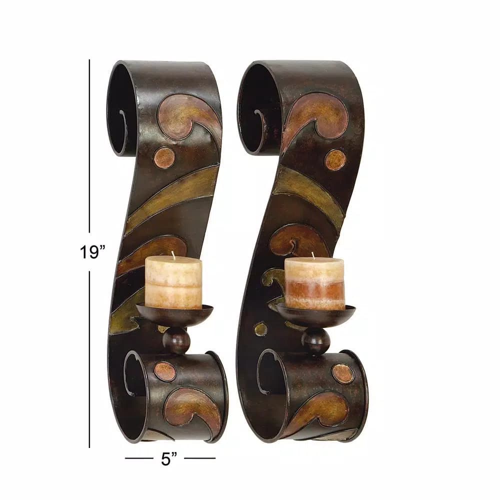 LITTON LANE 19 in. Scrolled Iron Candle Sconces with Metallic Brown Finish (Pair)
