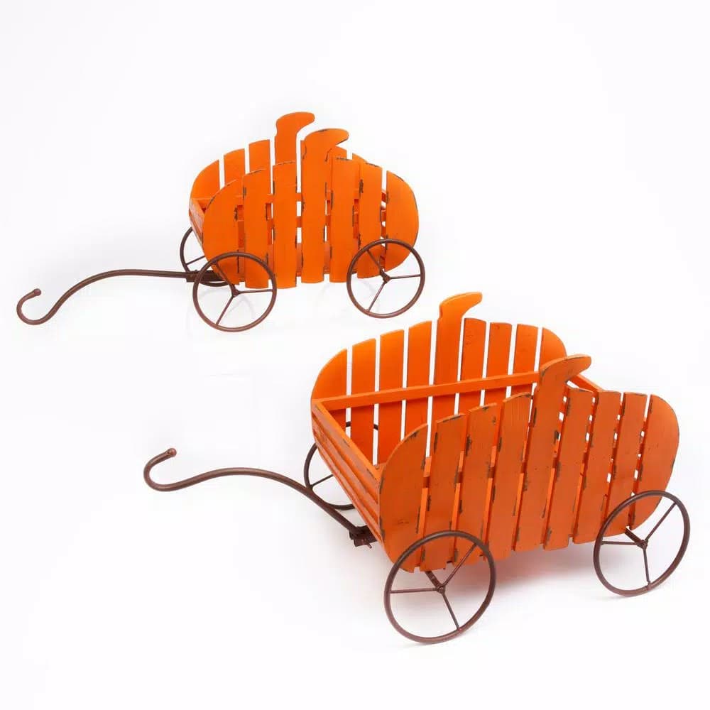 Gerson 17 in. Fir Wood Pumpkin Nesting Wagons, Set of 2 - Orange Autumn Harvest Decor