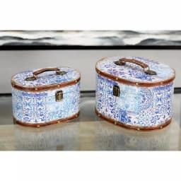 LITTON LANE Vintage Oval Wood and Faux Leather Case-Style Storage Boxes with Lids (Set of 2) thumbnail 1