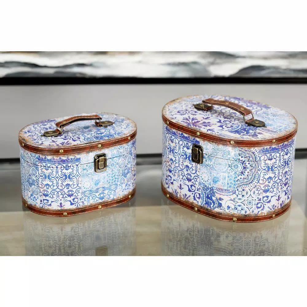 LITTON LANE Vintage Oval Wood and Faux Leather Case-Style Storage Boxes with Lids (Set of 2)