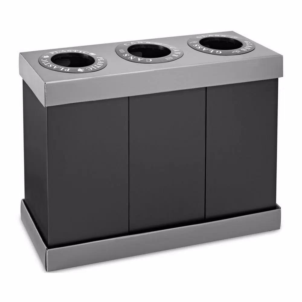 Alpine Industries 28 Gal. Black Corrugated Plastic 3-Compartment Indoor Trash and Recycling Bin