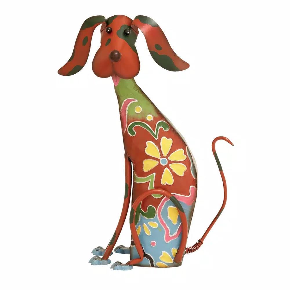 LITTON LANE Whimsical Dog Iron Sculpture with Floral Botanical Details and Wagging Spring Tail