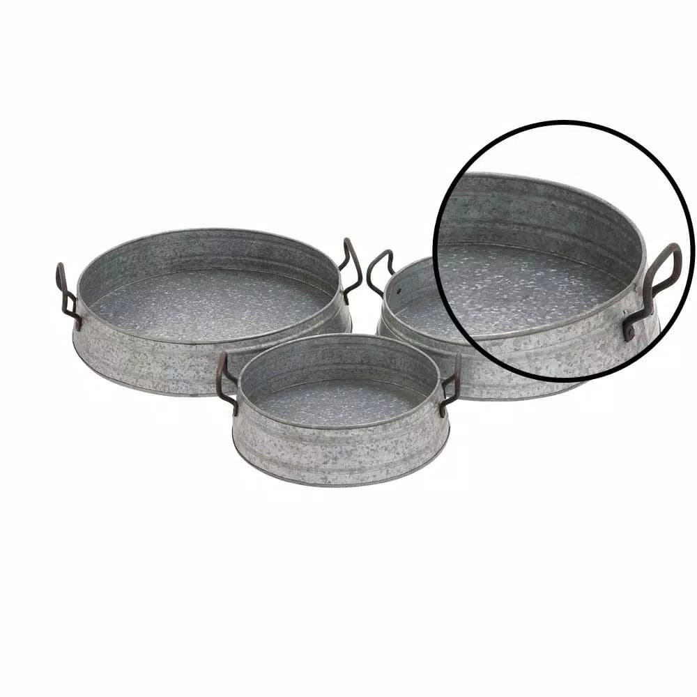 LITTON LANE Farmhouse Rustic Gray Iron Decorative Planter Trays, Set of 3