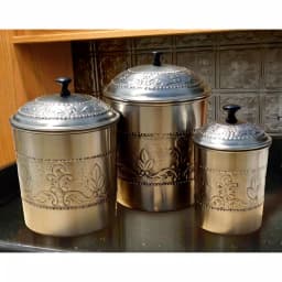 Old Dutch Victoria 3-Piece Antique Pewter Embossed Steel Canister Set thumbnail 2