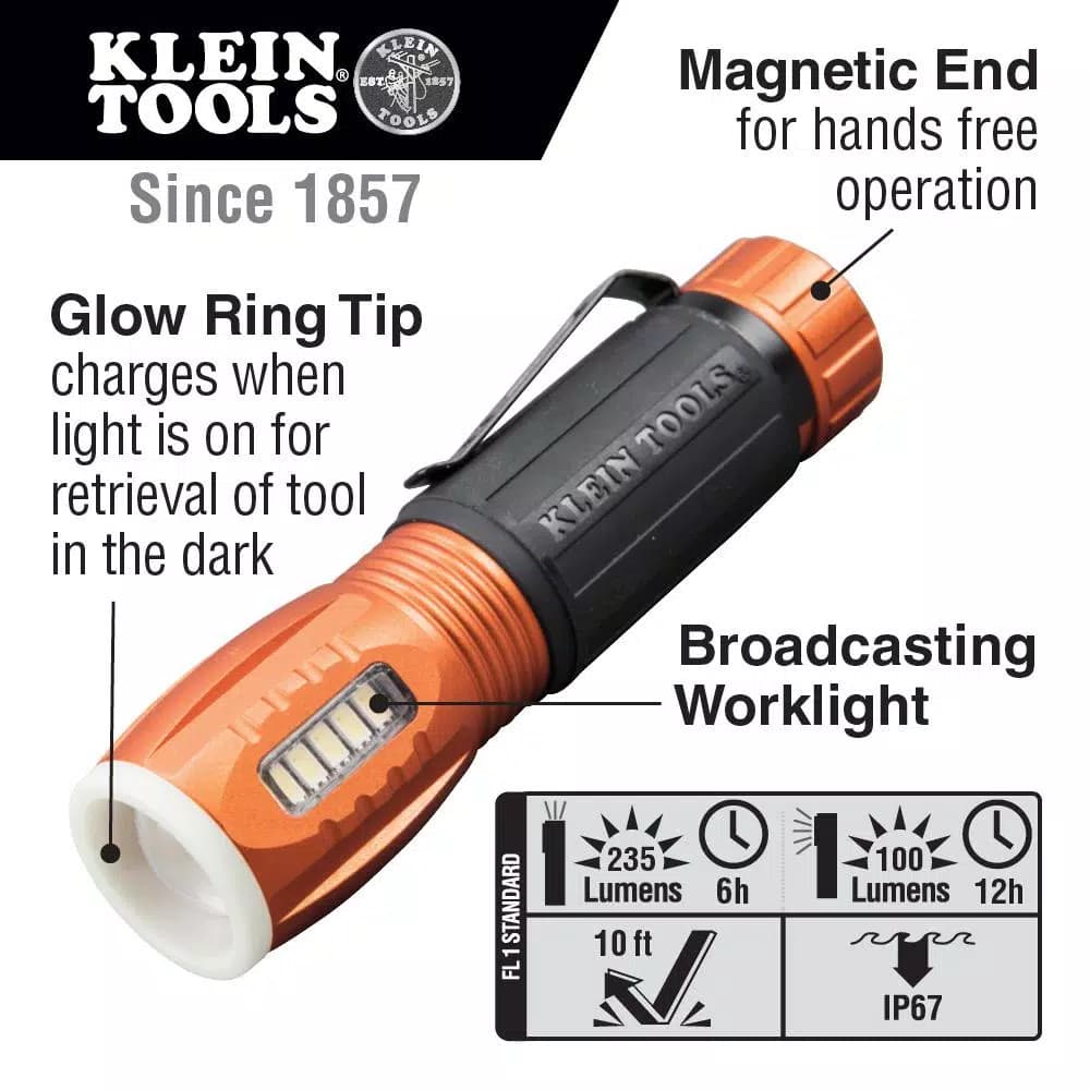 Klein Tools LED Flashlight with Work Light, 235 Lumens, Waterproof IP67