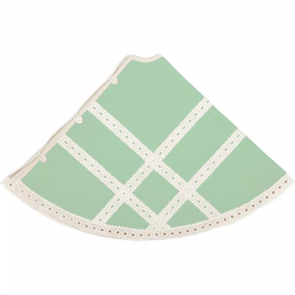 VHC Brands 48 in. Mint Margot Farmhouse Christmas Tree Skirt with Diamond Lace and Chambray