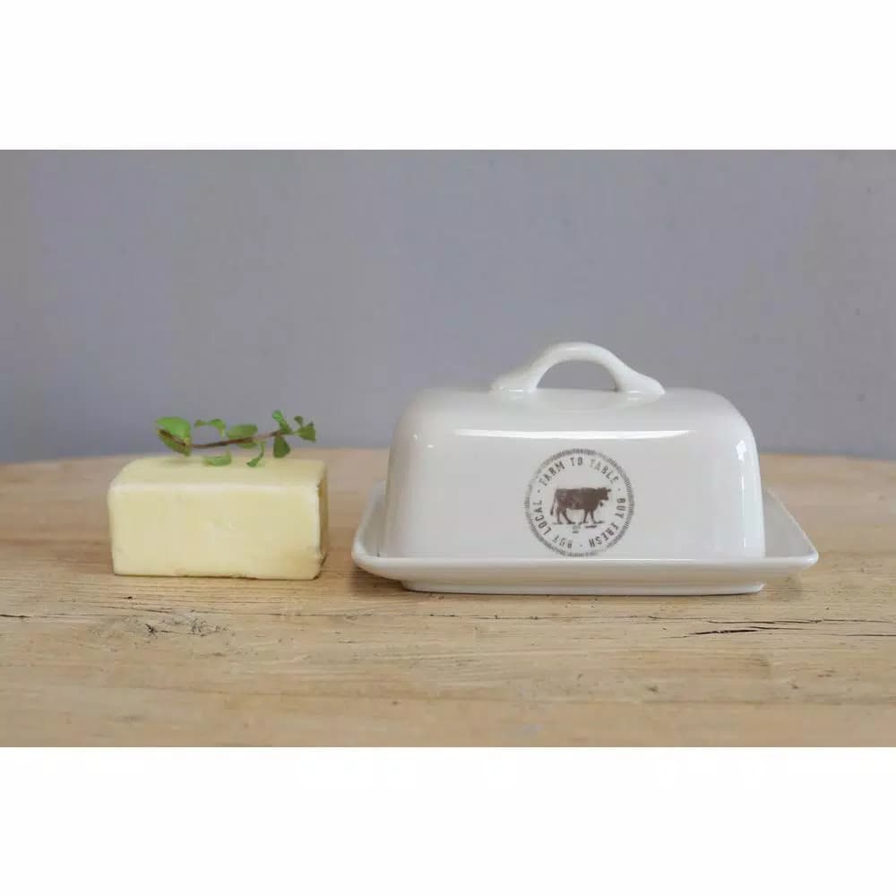 3R Studios White Stoneware Butter Dish Set of 2 - Farm to Table Country Style