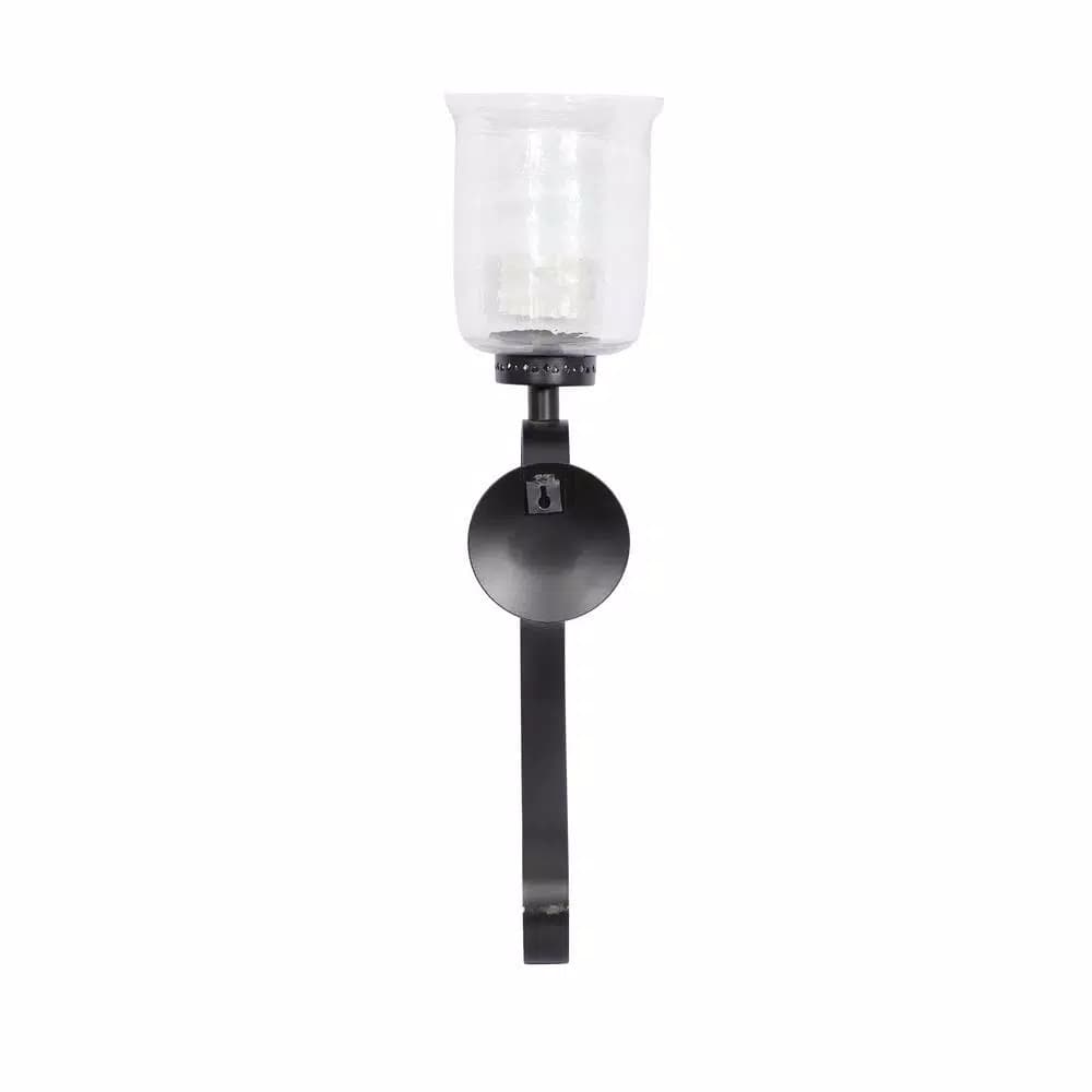 LITTON LANE 27 in. Wrought Iron Candle Sconce with Clear Glass Hurricane Holder, Black