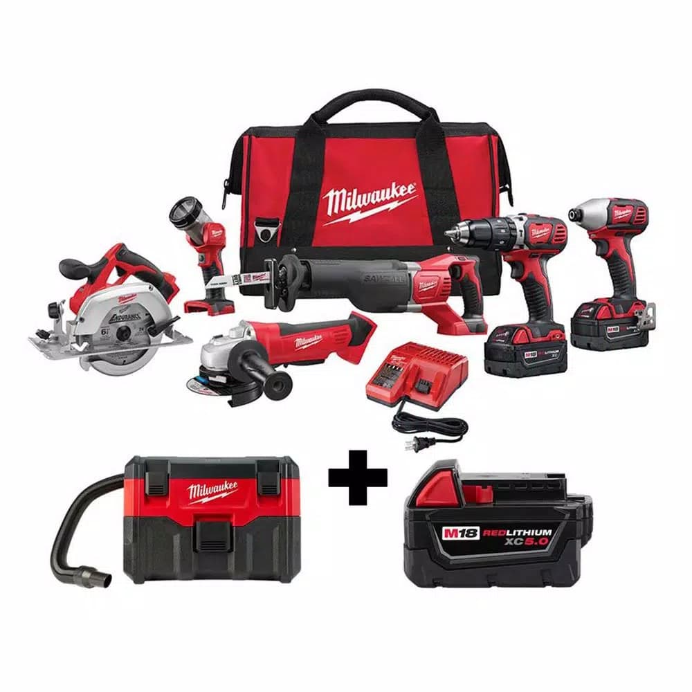 Milwaukee M18 18V Lithium-Ion Cordless 6-Tool Combo Kit with Wet/Dry Vacuum and 5.0 Ah Battery