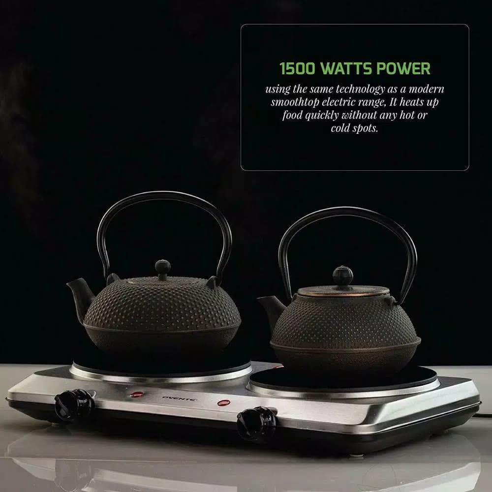 Ovente 1500W Double Burner Infrared Hot Plate, 7.5 in. Ceramic Glass Cooktop with Temperature Control